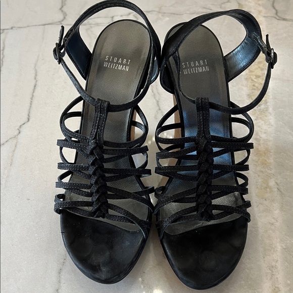 Stuart Weitzman Nubuc Black Strappy Wedges - Picture 2 of 8